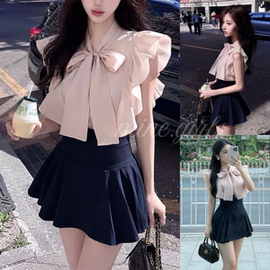 Bộ Áo Kiểu Pháp Thanh Lịch Thắt Nơ Kèm Chân Váy Cạp Cao Tôn Dáng, Thời Trang Văn Phòng