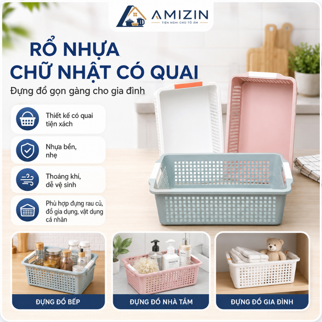 Rổ chữ nhật 2 size (3597-3598) có quai cầm nhựa Việt Nhật, Khay chữ nhật đựng tài liệu, đồ dùng văn phòng đa năng -01371