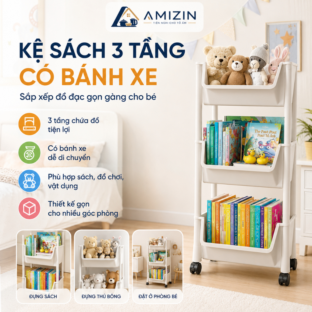 Kệ Đê đồ 3 Tầng Đa Năng Có Bánh xe , Kệ Sách, Kệ Phòng Khách, Phòng Học, Nhà Bếp, Phòng Tắm (393)