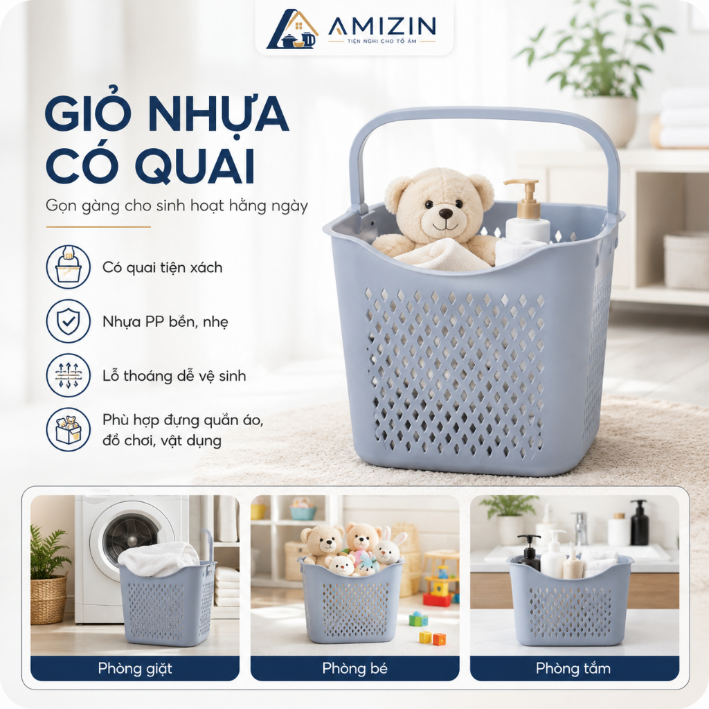 Giỏ caro cao, giỏ đựng đồ đa năng có quai xách nhựa Việt Nhật, Giỏ đựng quần áo thiết kế hiện đại (MS:3373)-Buônrẻ 01242