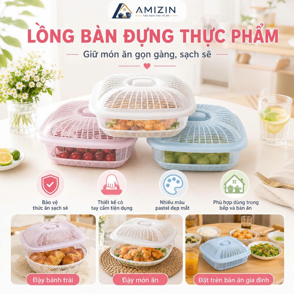 Combo 3 Rổ vuông nắp đựng đồ Việt Nhật (MS:199), Rổ đựng rau củ quả, bát đĩa tiện lợi -Buôn rẻ 01623