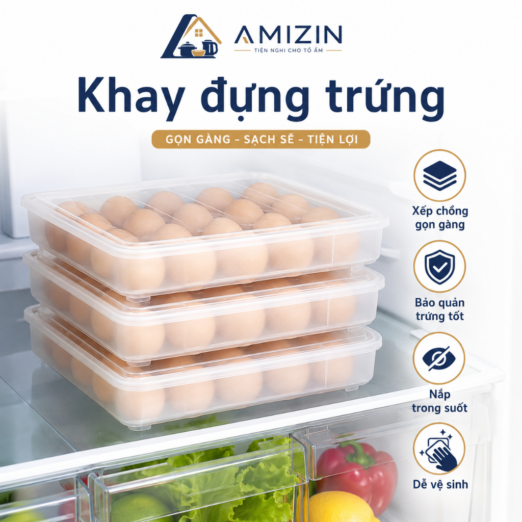 Combo 3 hộp đựng trứng 24 quả AMIZIN Khay đựng trứng thông minh để tủ lạnh