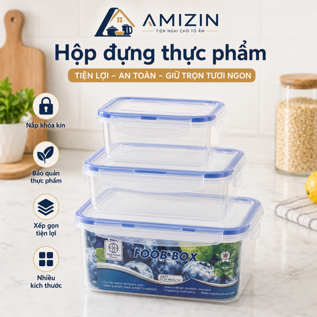 Hộp đựng thực phẩm VIỆT NHẬT, Dùng đựng đồ ăn để tủ lạnh, 4 nút cao su tránh côn trùng, mã SP 6532, 6530