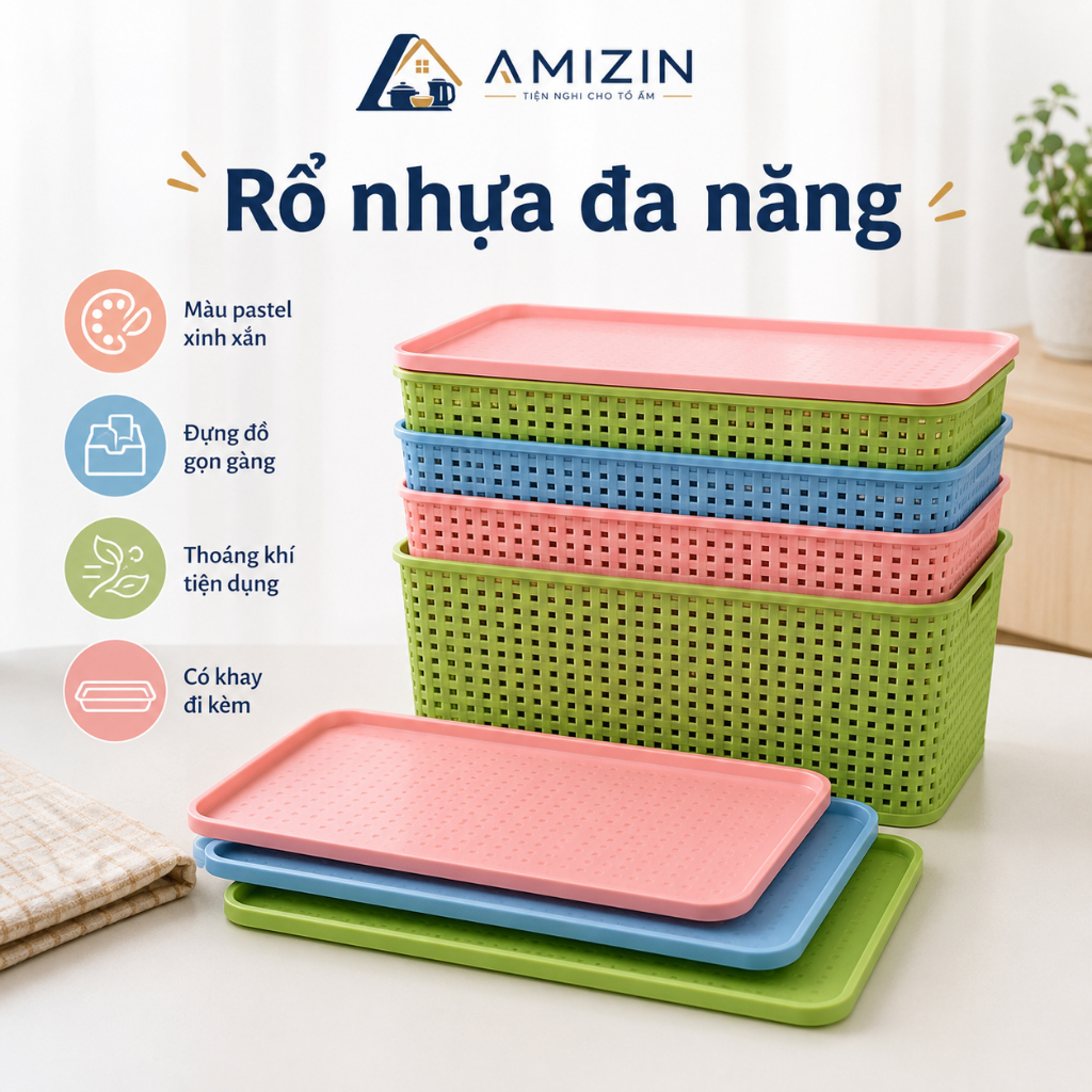 Giỏ nhựa có nắp Hàn Quốc 3 size Việt Nhật, giỏ đựng đồ đa năng tiết kiệm không gian (3386-3387-3388) - Buôn rẻ 01256