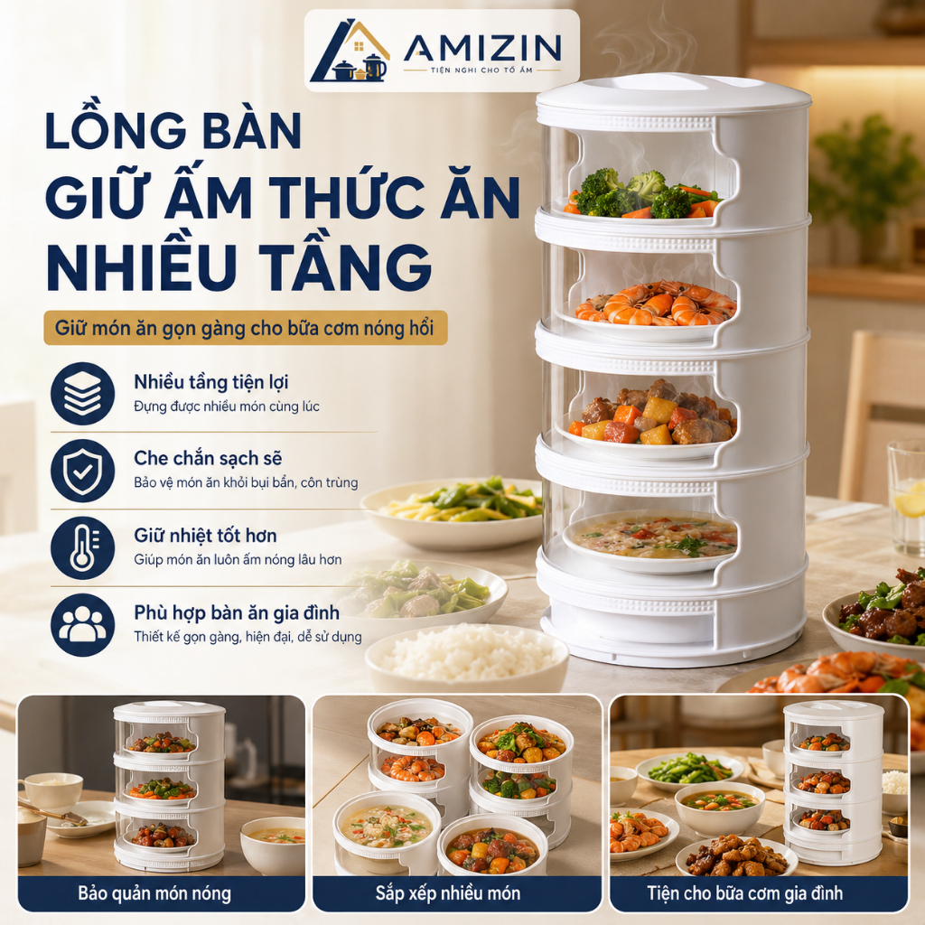 LỒNG BÀN 5 TẦNG GIỮ NHIỆT CHỐNG BỤI, NẮP XOAY