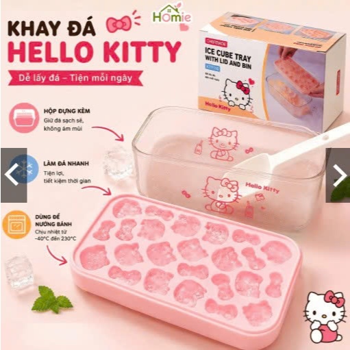 Khay Làm Đá Hello Kitty 24 Ô Có Hộp Đựng AKHOME, Khuôn Làm Thạch Pudding, Kẹo Dẻo Silicone An Toàn