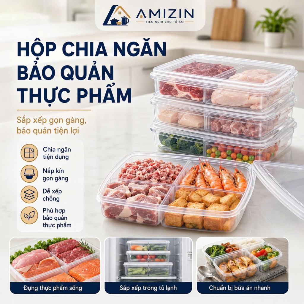 Hộp đựng bảo quản thực phẩm đông lạnh chia 4 ngăn Nắp Dẻo trong suốt 20x13.5x3.5cm amizin