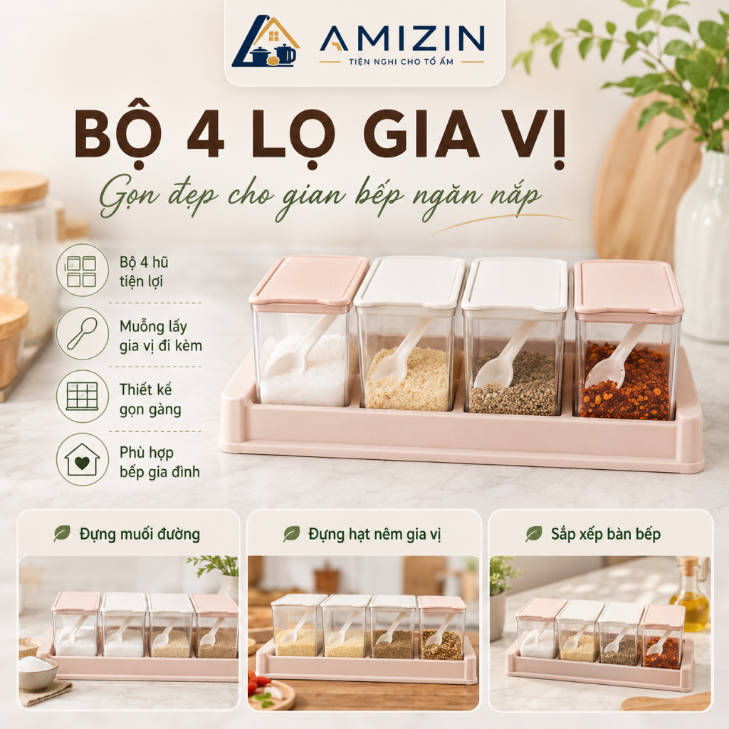 Bộ 4 lọ đựng gia vị có thìa Việt Nhật -Hũ đựng gia vị có nắp đậy tiện dụng bền đẹp (MS:2939) -Buôn rẻ 01268