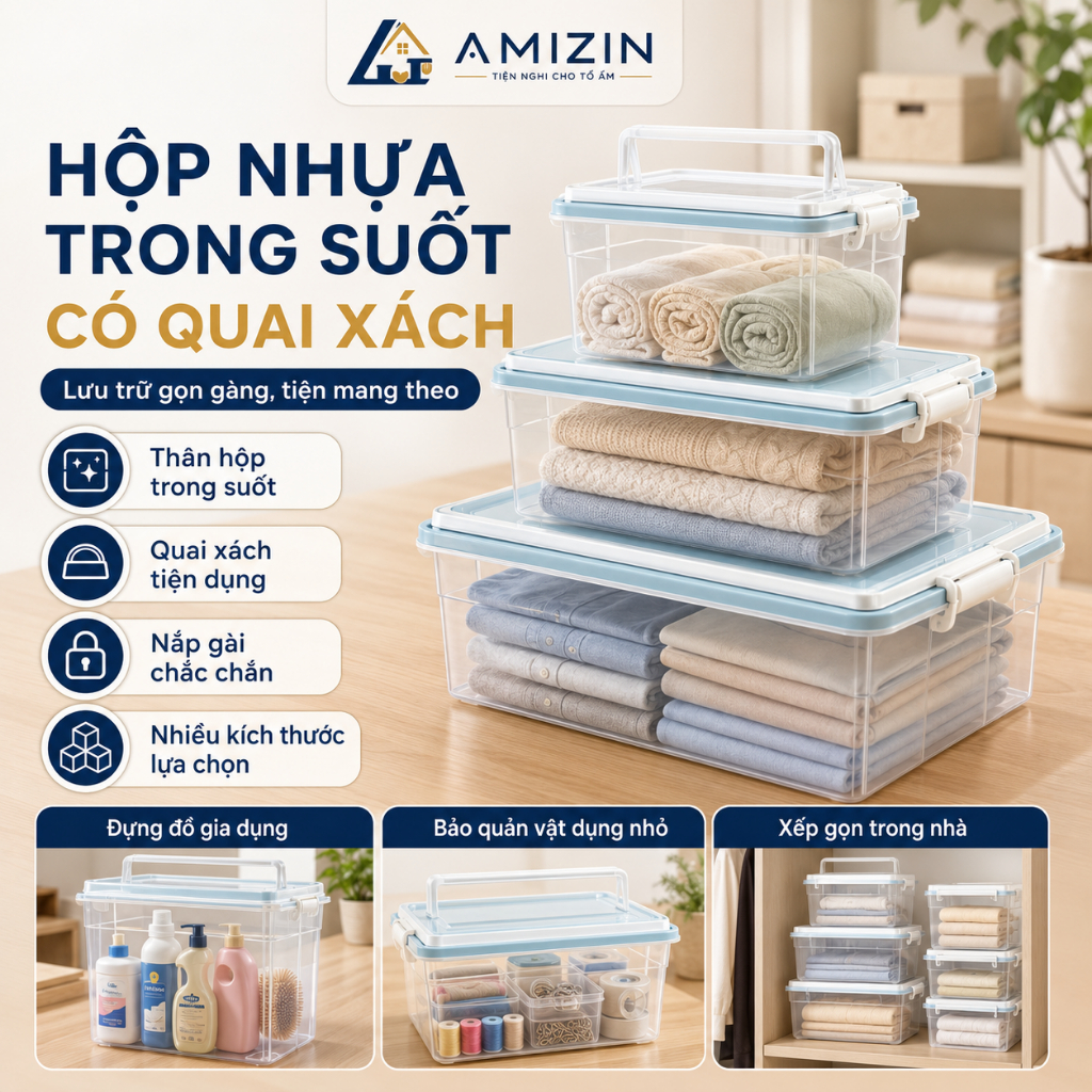 Hộp đựng đồ đa năng, thực phẩm có quai xách 6521 nhựa Việt Nhật