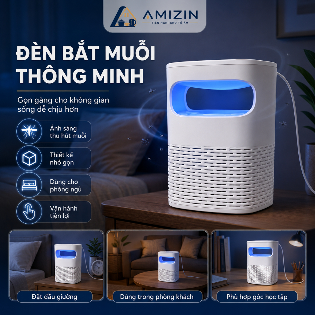 [Hàng Loại 1 ] Đèn Bắt Muỗi Tự Động Ánh Sáng Xanh An Toàn Cho Trẻ Nhỏ – Hút Muỗi Bằng Quạt Gió, Kiêm Đèn Ngủ AMIZIN