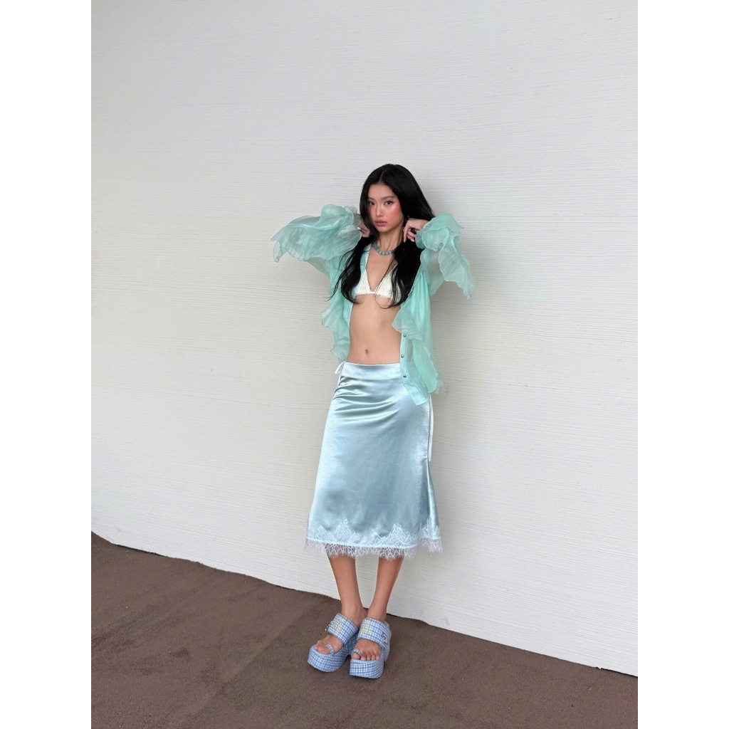 Crystal Midi Skirt - Remmus | Chân váy lụa satin ngọc trai viền lai phối ren - BST ACID CANDY