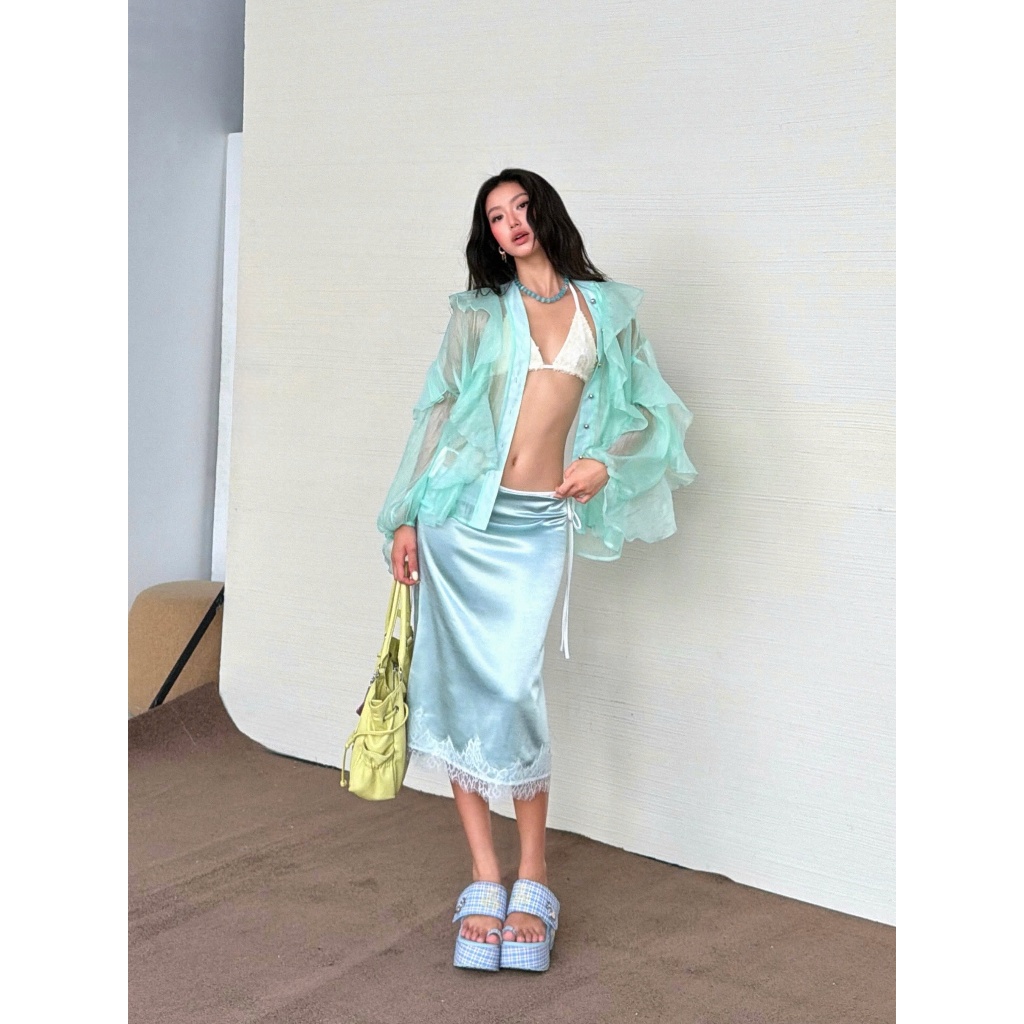 Crystal Midi Skirt - Remmus | Chân váy lụa satin ngọc trai viền lai phối ren - BST ACID CANDY
