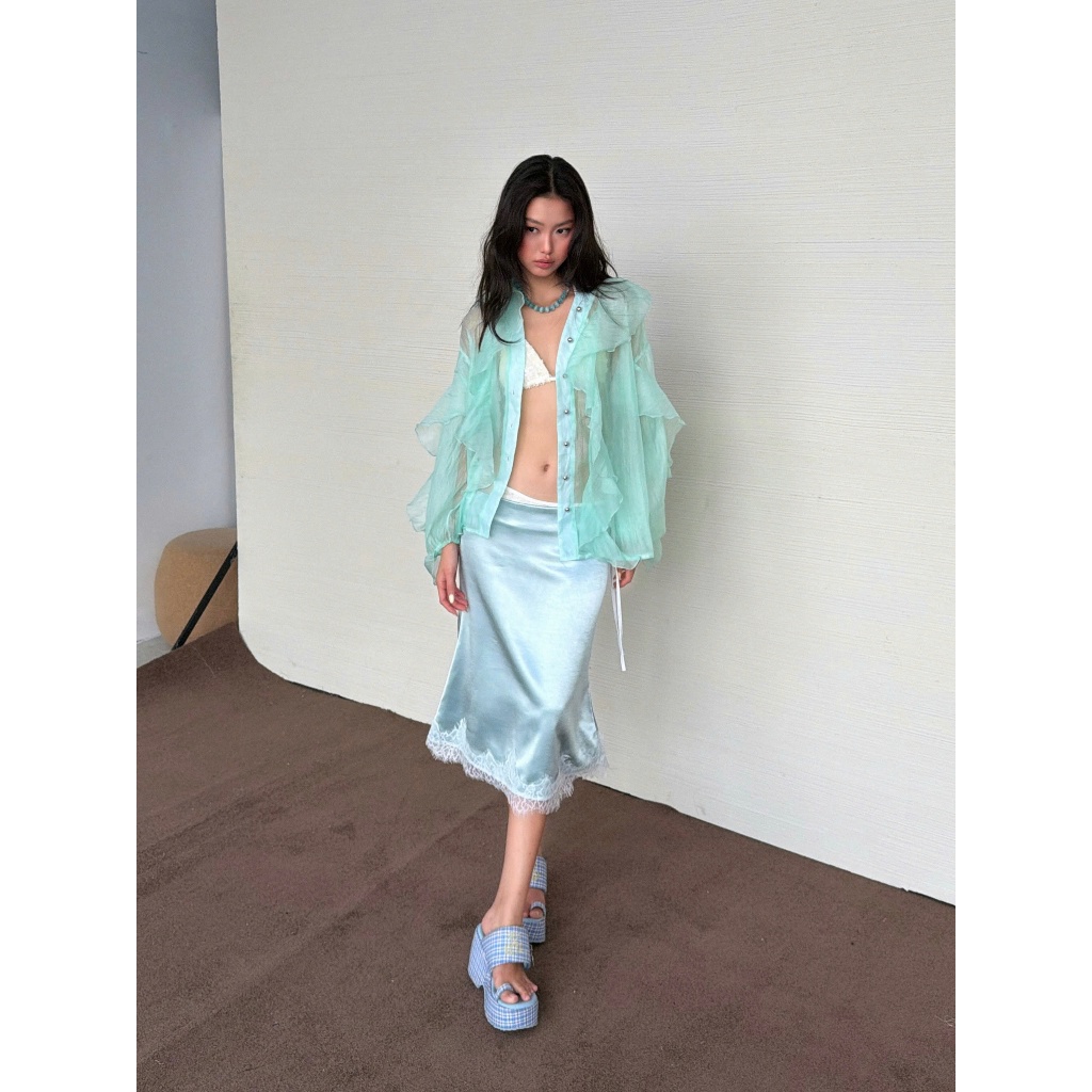 Crystal Midi Skirt - Remmus | Chân váy lụa satin ngọc trai viền lai phối ren - BST ACID CANDY