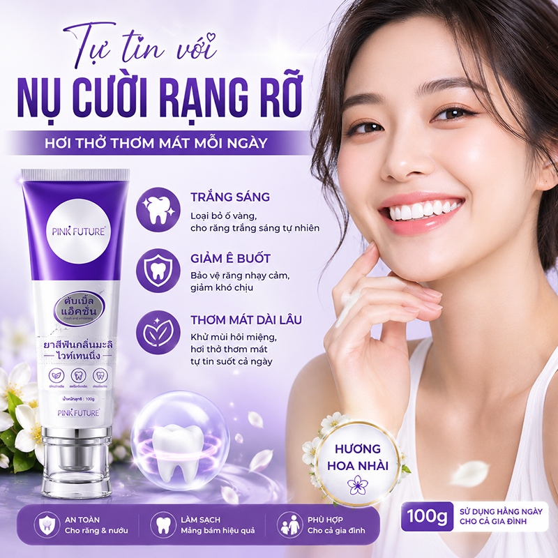 【BÁN CHẠY】Kem Đánh Răng Hương Jasmine 100g Trắng Răng Khử Hôi Miệng Bảo Vệ Men Răng Giảm Ê Buốt
