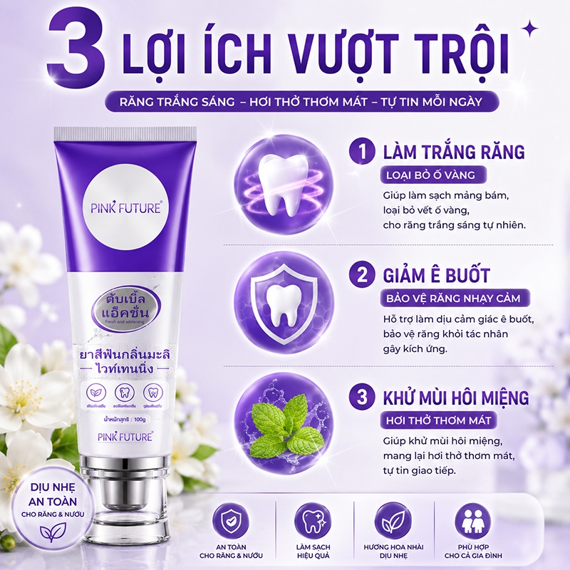 【BÁN CHẠY】Kem Đánh Răng Hương Jasmine 100g Trắng Răng Khử Hôi Miệng Bảo Vệ Men Răng Giảm Ê Buốt