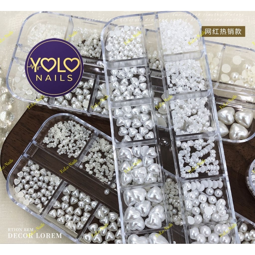 SET NGỌC TRAI TRÁI TIM VÀ TRÒN 12 Ô SÁNG BÓNG DÙNG TRANG TRÍ NAILS