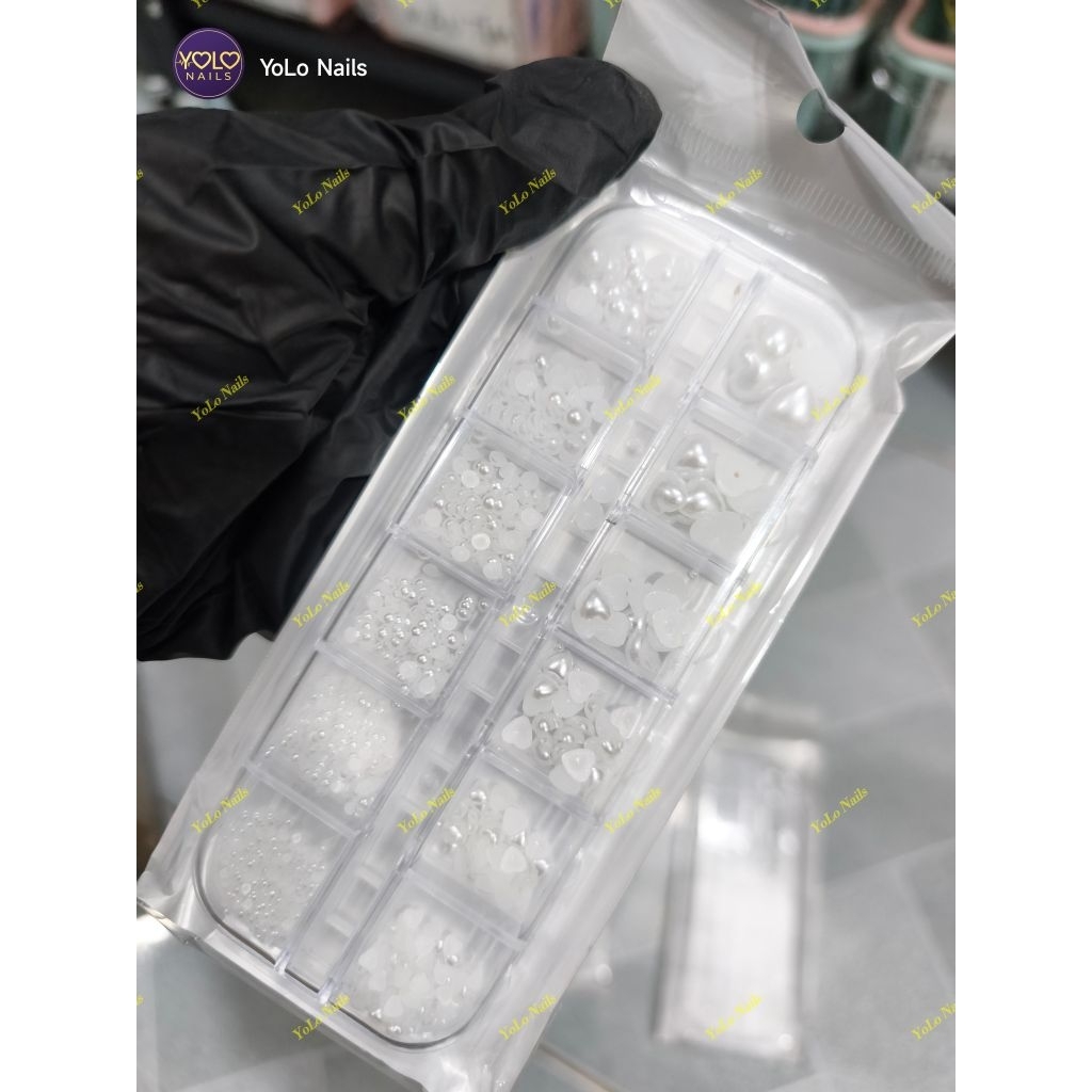 SET NGỌC TRAI TRÁI TIM VÀ TRÒN 12 Ô SÁNG BÓNG DÙNG TRANG TRÍ NAILS