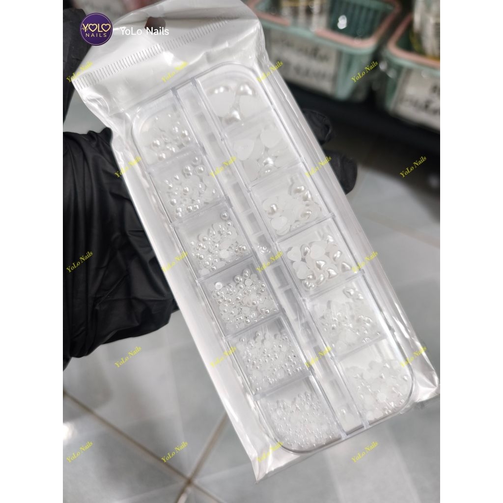 SET NGỌC TRAI TRÁI TIM VÀ TRÒN 12 Ô SÁNG BÓNG DÙNG TRANG TRÍ NAILS