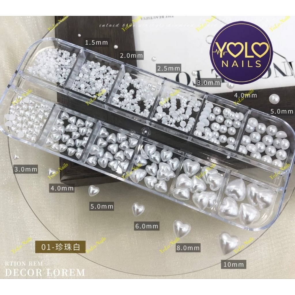 SET NGỌC TRAI TRÁI TIM VÀ TRÒN 12 Ô SÁNG BÓNG DÙNG TRANG TRÍ NAILS