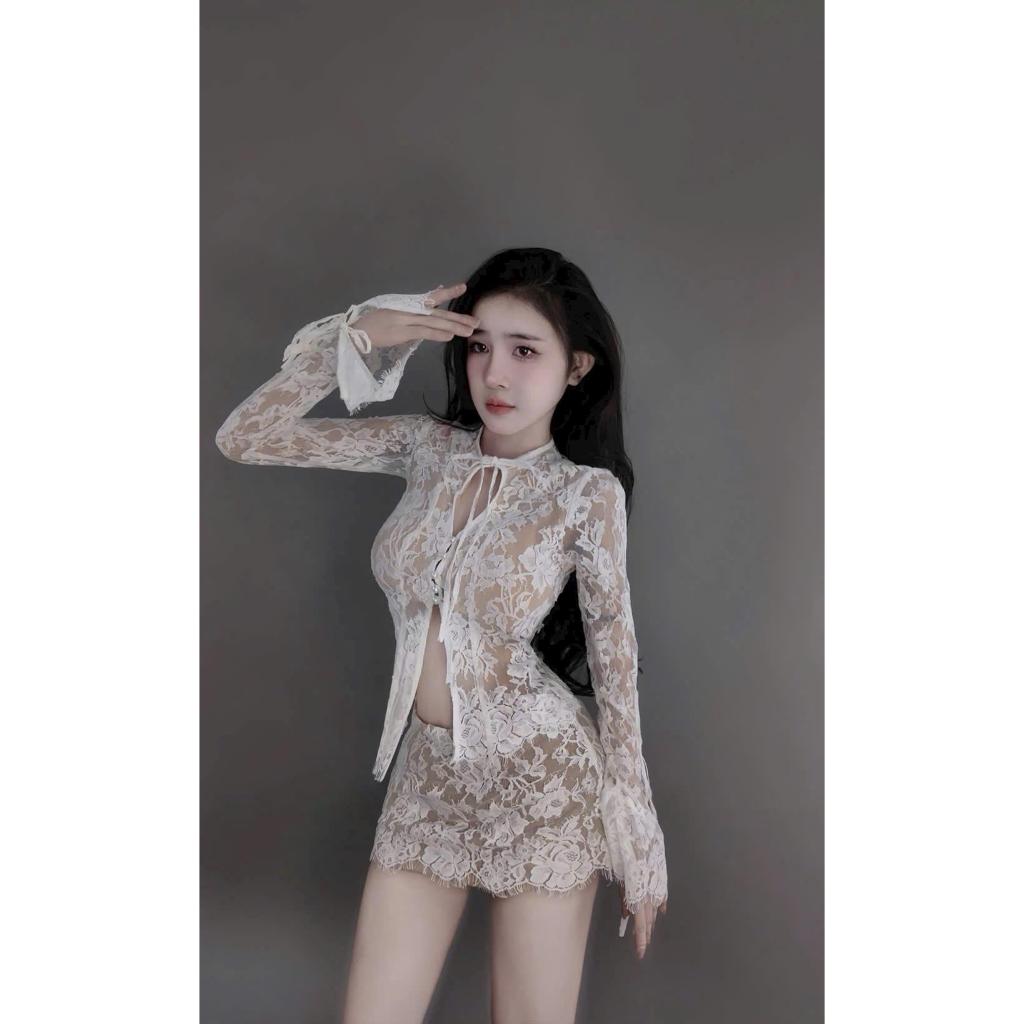 (Hỏa Tốc) Set Váy Ren Xuyên Thấu Gợi Cảm, Set Đồ Nữ Áo Tay Dài + Quần Váy Ôm Body, Set Đồ Sang Chảnh
