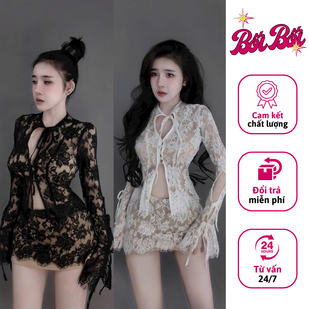 (Hỏa Tốc) Set Váy Ren Xuyên Thấu Gợi Cảm, Set Đồ Nữ Áo Tay Dài + Quần Váy Ôm Body, Set Đồ Sang Chảnh