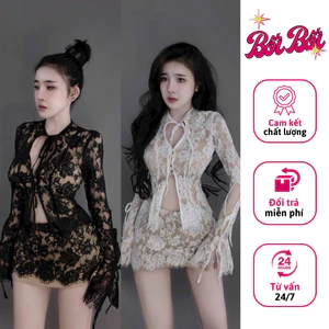 Set Váy Ren Xuyên Thấu Gợi Cảm, Set Đồ Nữ Áo Tay Dài + Quần Váy Ôm Body, Set Đồ Sang Chảnh