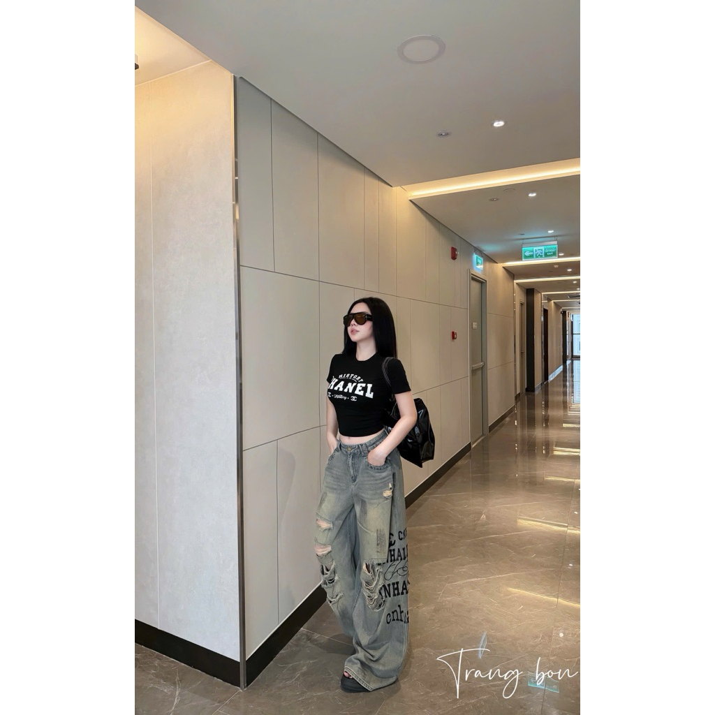 Áo body cộc tay in chữ mix đồ siu chất