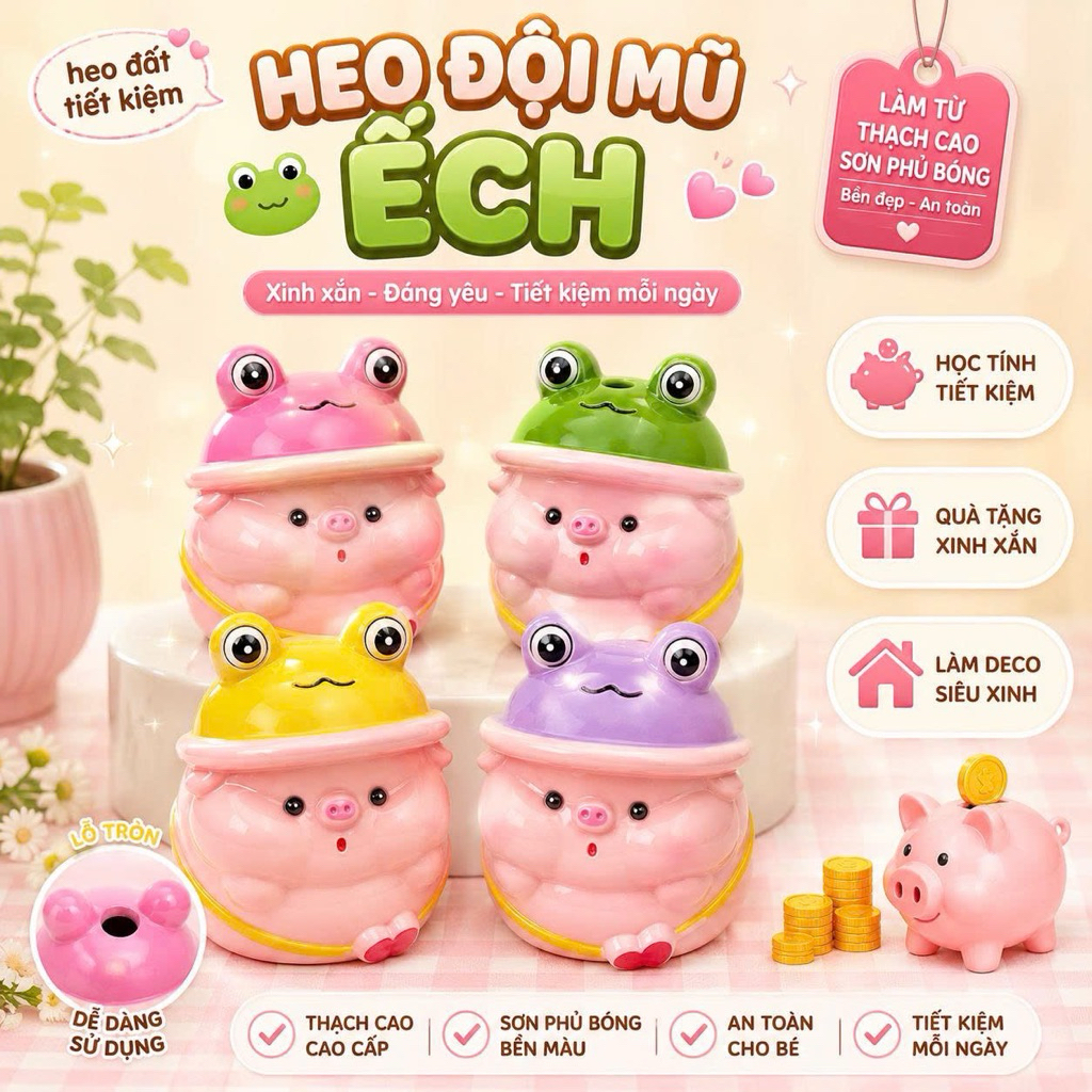 Heo đất tiết kiệm mẫu “Lợn đội mũ ếch” siêu dễ thương