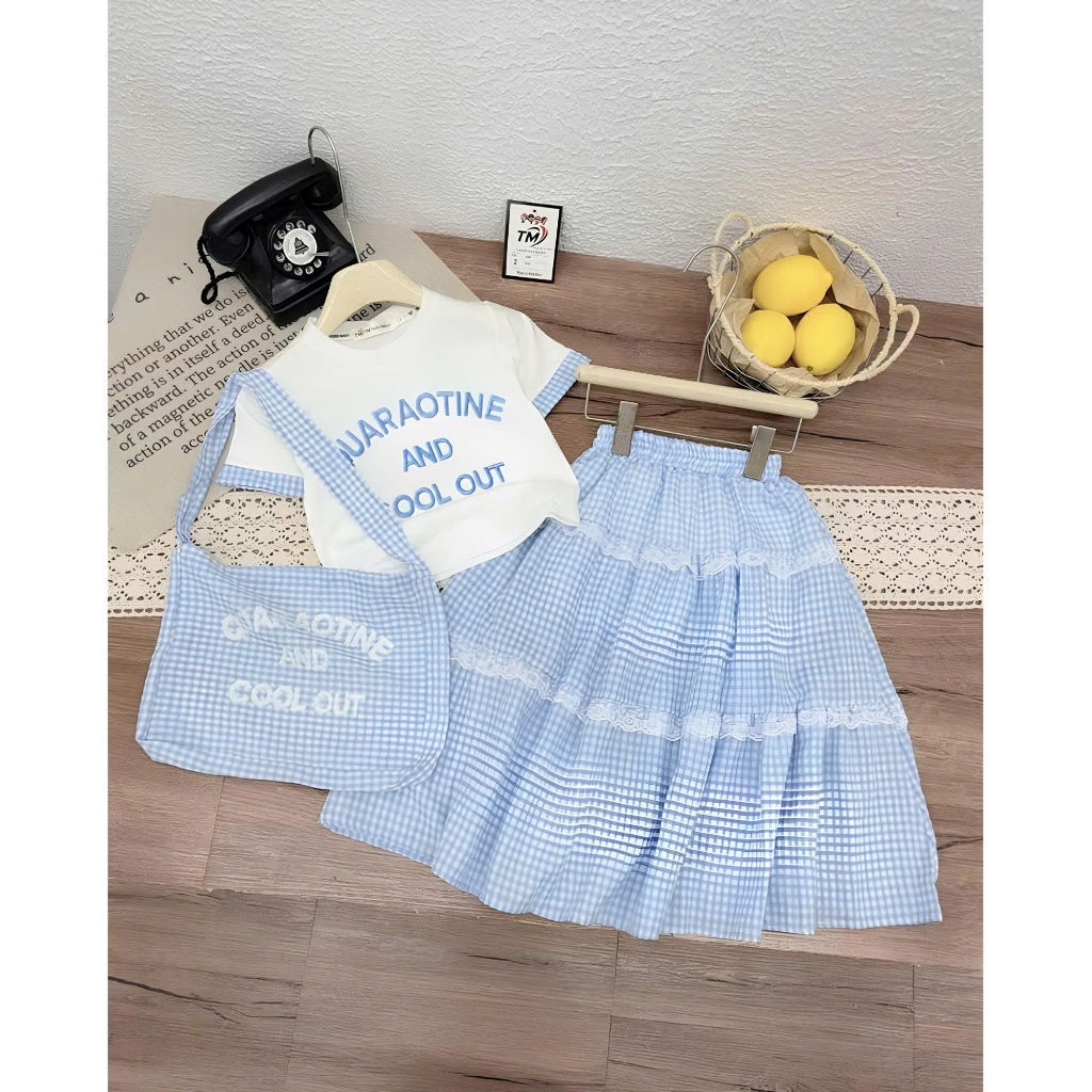 Set váy bé gái, bộ đầm maxi bé gái áo cotton kèm chân váy dài phối ren phong cách Tặng Kèm Túi Và Scrunchies