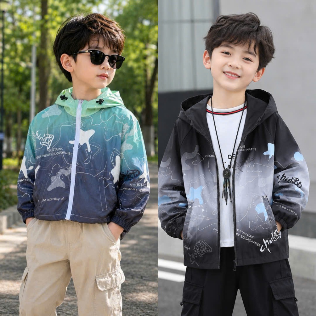 12 - 55KG , ÁO GIÓ 2 LỚP LÓT LỤA DÀNH CHO BÉ TRAI , HÌNH IN NHIỆT , ĐẸP PHONG CÁCH