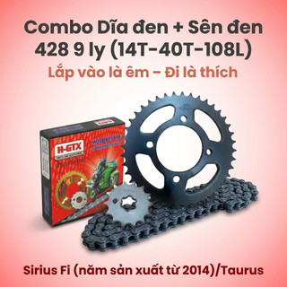 Nhông Sên Dĩa Giá Rẻ: Dĩa Đen + Sên Đen 428 9 Ly (14T-40T-108L) – Sirius Fi (Từ 2014) / Taurus