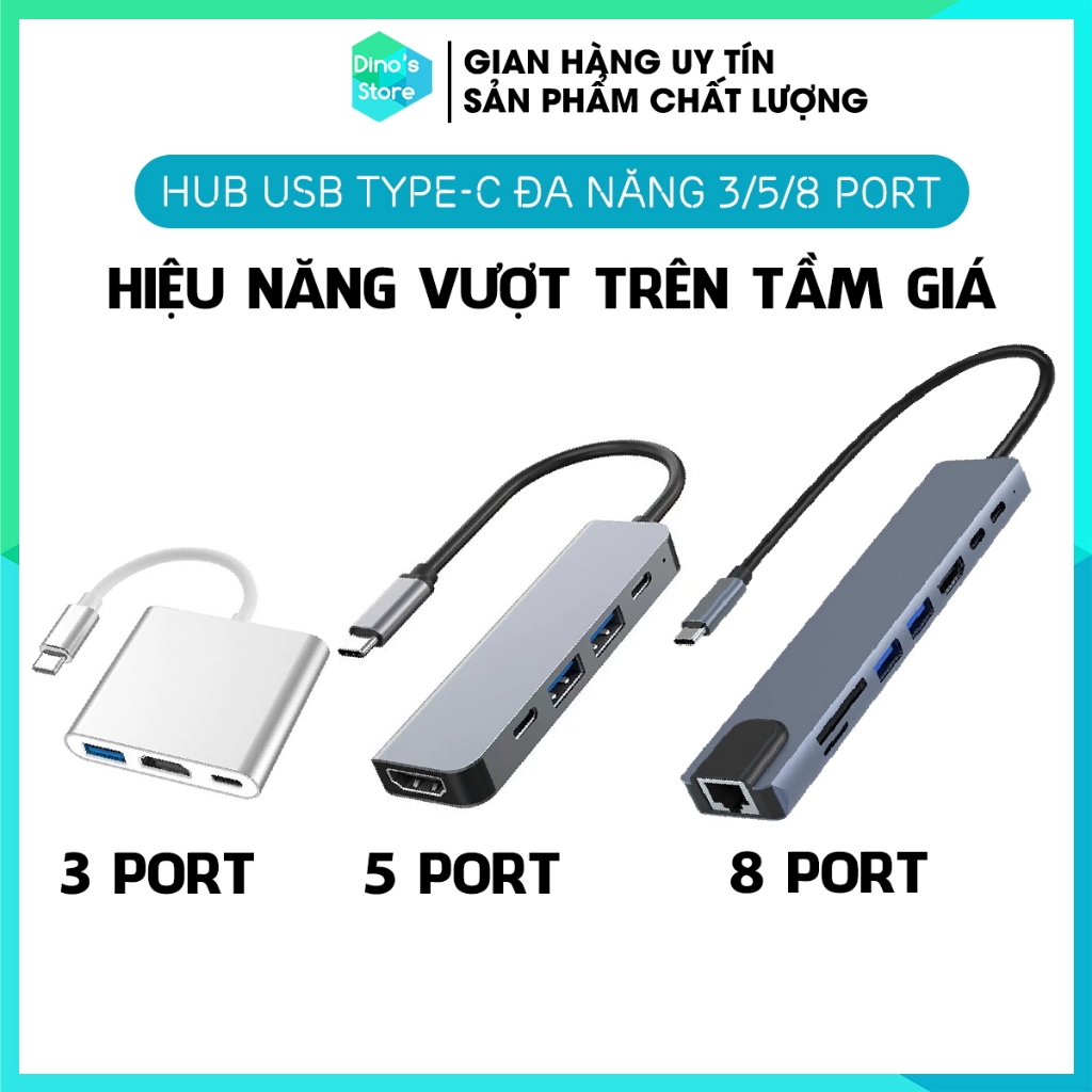 Hub chuyển đổi Type C to USB 3.0 HDMI 4k Card Reader Lan HUB chia cổng chuyển đổi 3 5 8 in 1 DinoStore