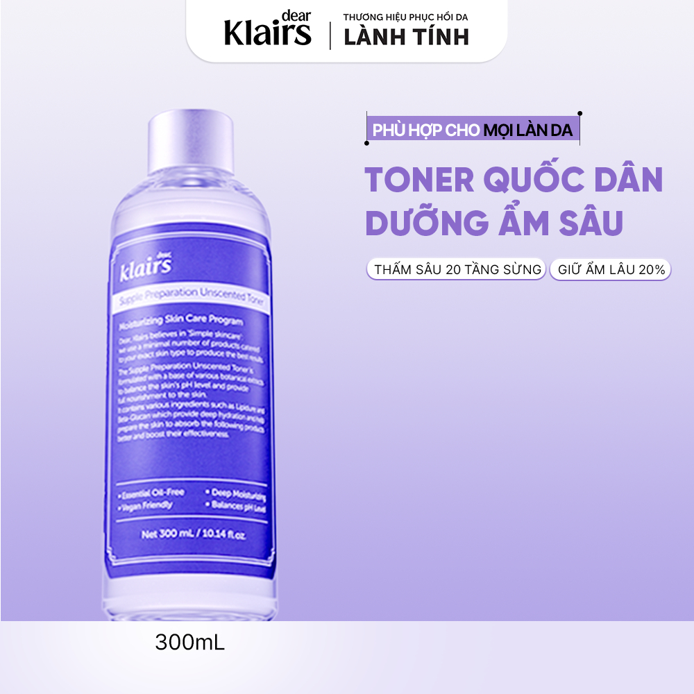 [ĐQ] Nước hoa hồng Dear, Klairs Supple Preparation Unscented Toner 300ml