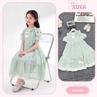 Váy bé gái, đầm công chúa dáng dài bé gái (30-45kg) voan tơ trễ vai phối ren sang chảnh XUKA - M11