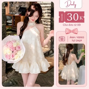 Váy Babydoll Tiểu Thư Cổ Yếm Hở Lưng Viền Bèo Họa Tiết Hoa Mùa Hè (Kèm Vòng Cổ) [Amélie Dress]