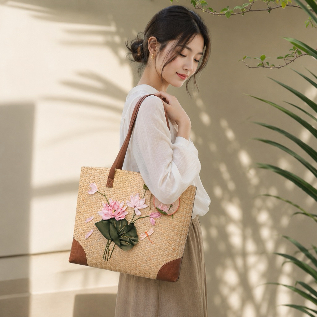Túi Cỏ Bàng Thêu Hoa Sen Cao Cấp