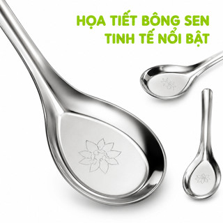 Thìa Ăn Cơm Inox 304 Bông Sen Cao Cấp GD181 - Muỗng Ăn Cơm Inox 304 Hoa Văn Bông Sen Chống Bám Bẩn