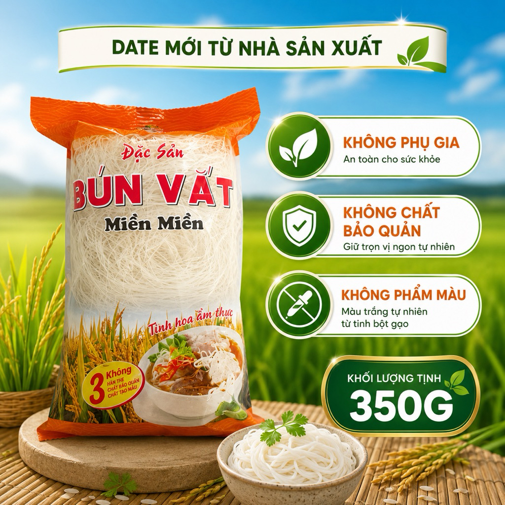 Bún Vắt Miền Miền - Bún Tươi Sấy Khô Thơm Ngon dai mềm, Làm Hoàn Toàn Từ Gạo 350g đặc sản Hải Dương