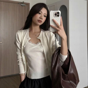 Set Áo Cardigan Nữ 2 Dây Phối Ren Nhẹ Nhàng Tiểu Thư Mùa Thu Đông Kimee - KA867