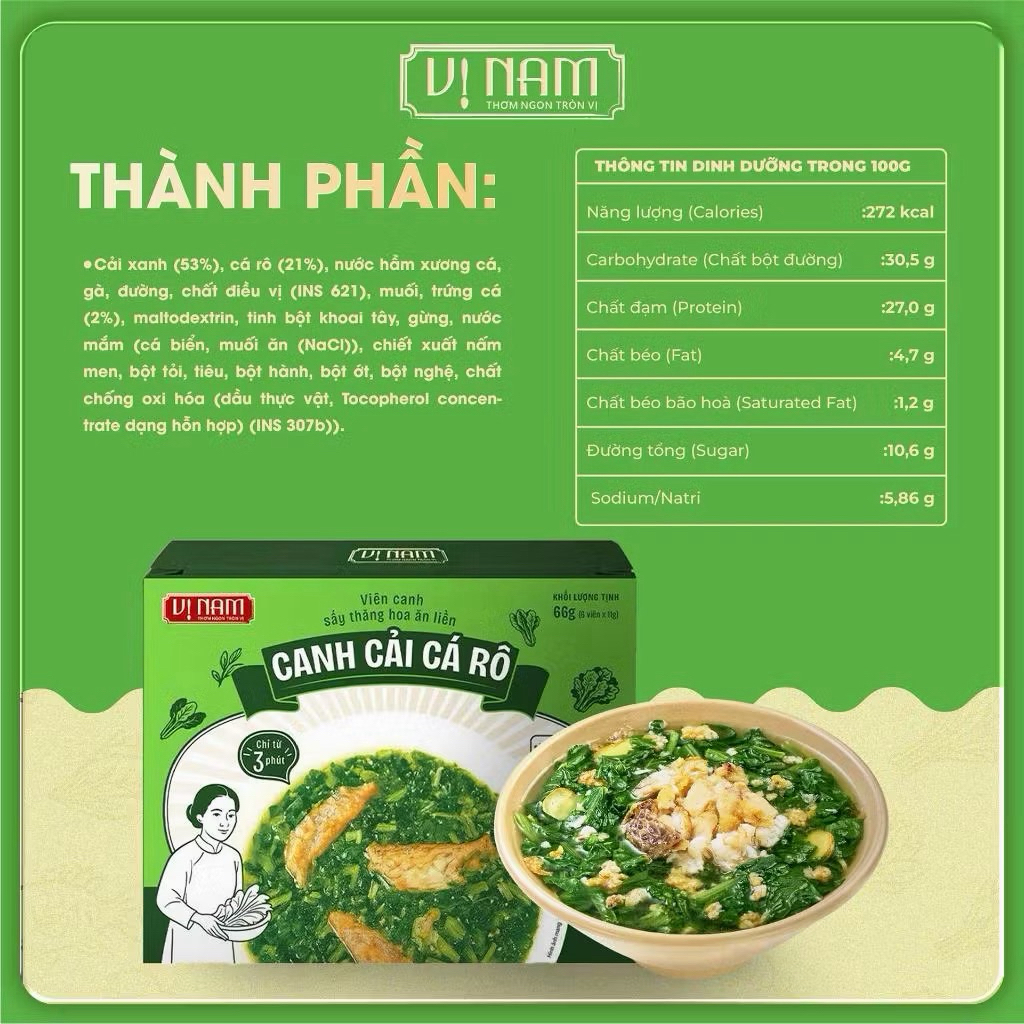 Canh Cải Cá Rô Sấy Thăng Hoa Ăn Liền Vị Nam - Hộp 6 viên - Canh lười, Tiện ích, Đậm vị Thơm ngon