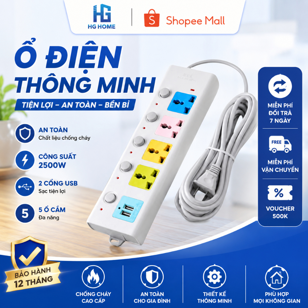 Ổ Cắm Điện Đa Năng HGHOME Chịu Tải 2500W Có Cổng USB, Chốt Bấm Chống Giật An Toàn [ HÀNG CAO CẤP ]