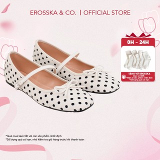 Erosska - Giày búp bê nữ đế bệt mũi vuông phối nơ màu trắng chấm bi cao 1cm - EL104