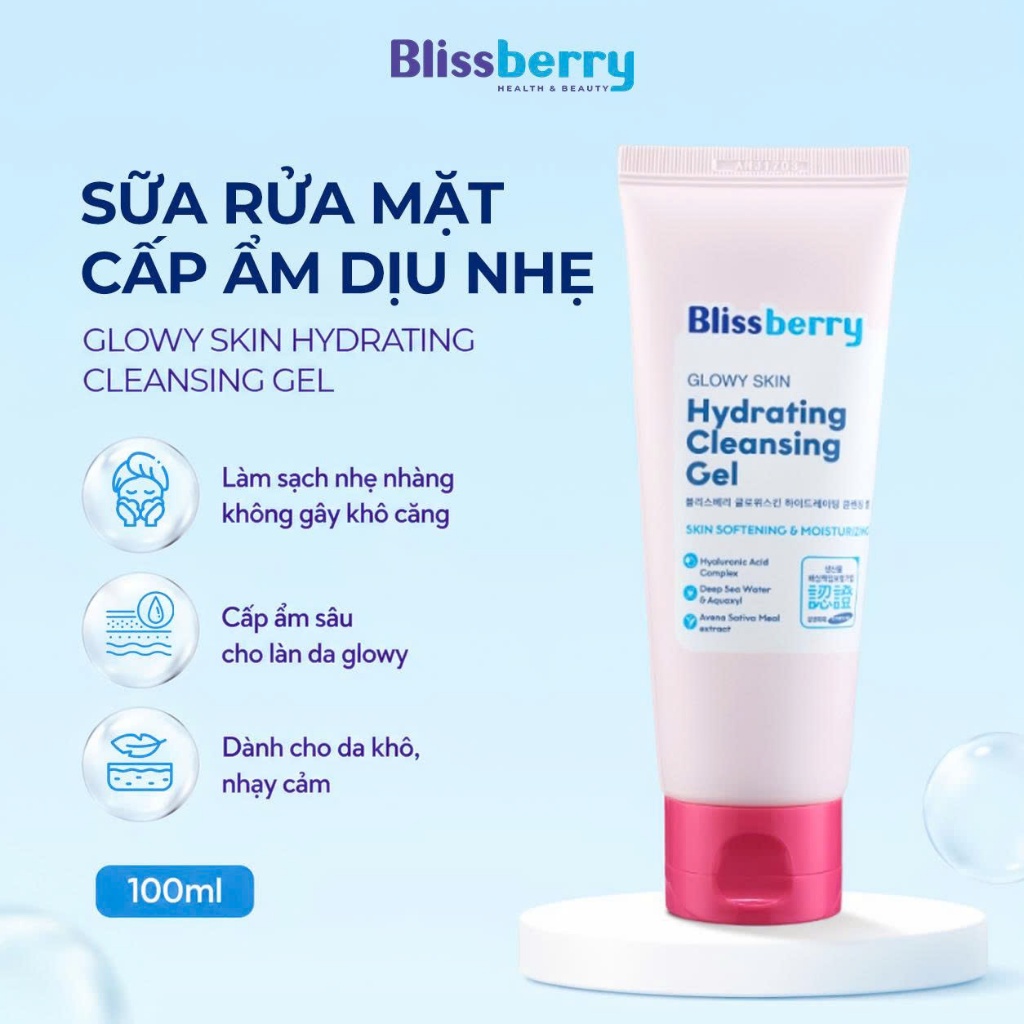 Sữa rửa mặt dịu nhẹ,cấp ẩm,làm sáng da Blissberry Glowy Skin Hydrating Cleansing Gel 100ml