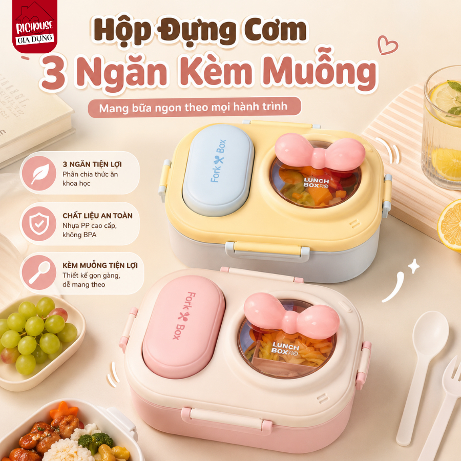 Hộp Đựng Cơm 3 Ngăn Kèm Muỗng Nĩa Tiện Lợi, Hộp Đựng Cơm Fork Box Dễ Thương Nắp Đậy Kín