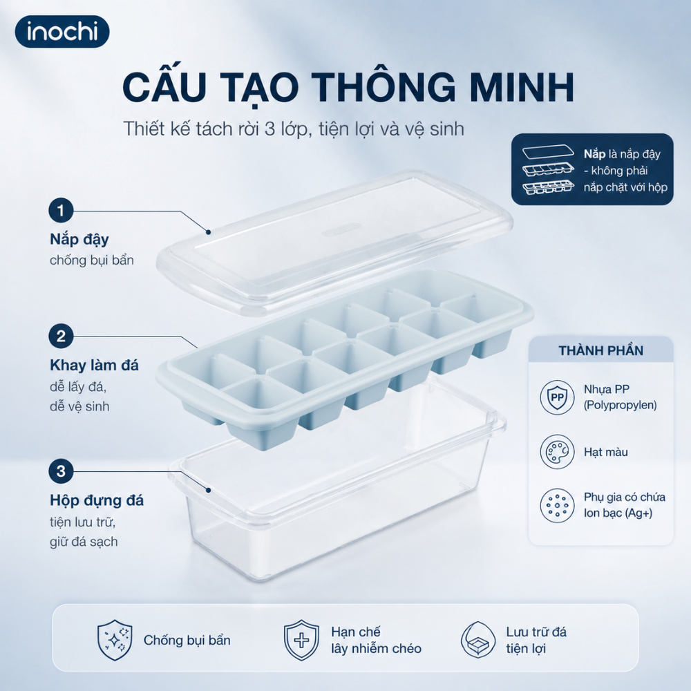 Khay Đá Inochi - Nắp + Hộp Đựng, Kháng Khuẩn, Nhựa PP An Toàn - Thiết Kế Nhật Bản