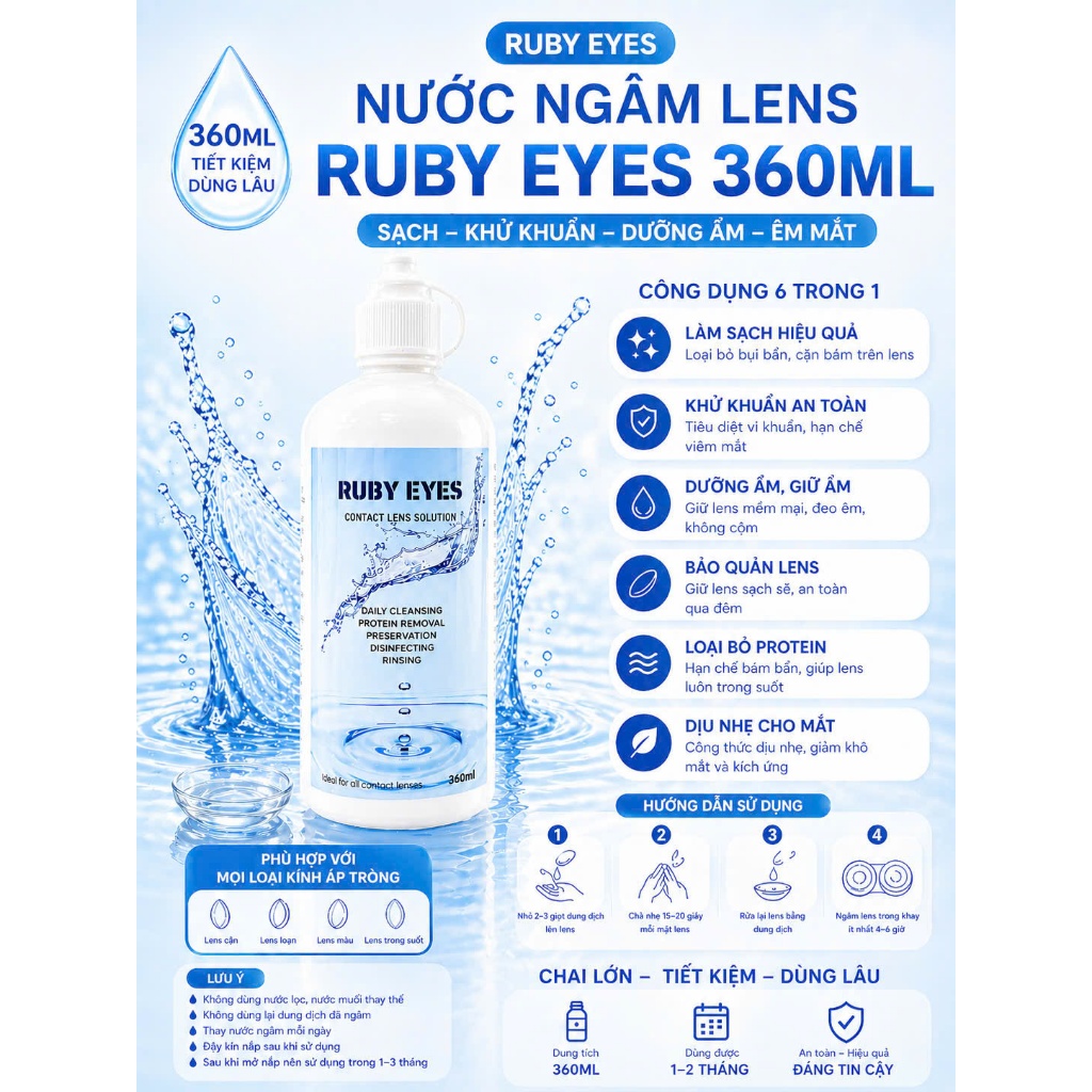 Nước Ngâm Lens Và Nước Nhỏ Mắt RUBYEYES, Nước Rửa Kính Áp Tròng, Combo Ngâm Nhỏ Dành Cho Lens