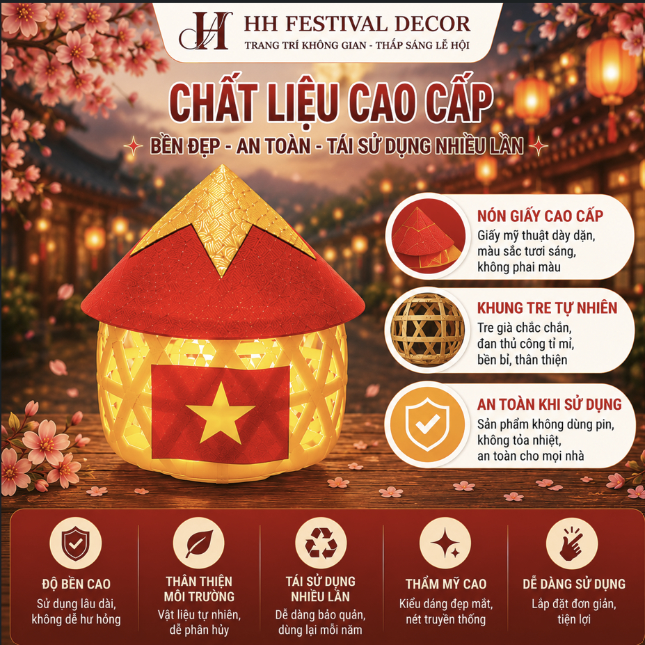 Đèn Lồng Tre Nón Sao Vàng Cầm Tay Treo Trang Trí  Trung Thu Quốc Khánh 2/9 Lễ Hội Sự Kiện Biểu Diễn
