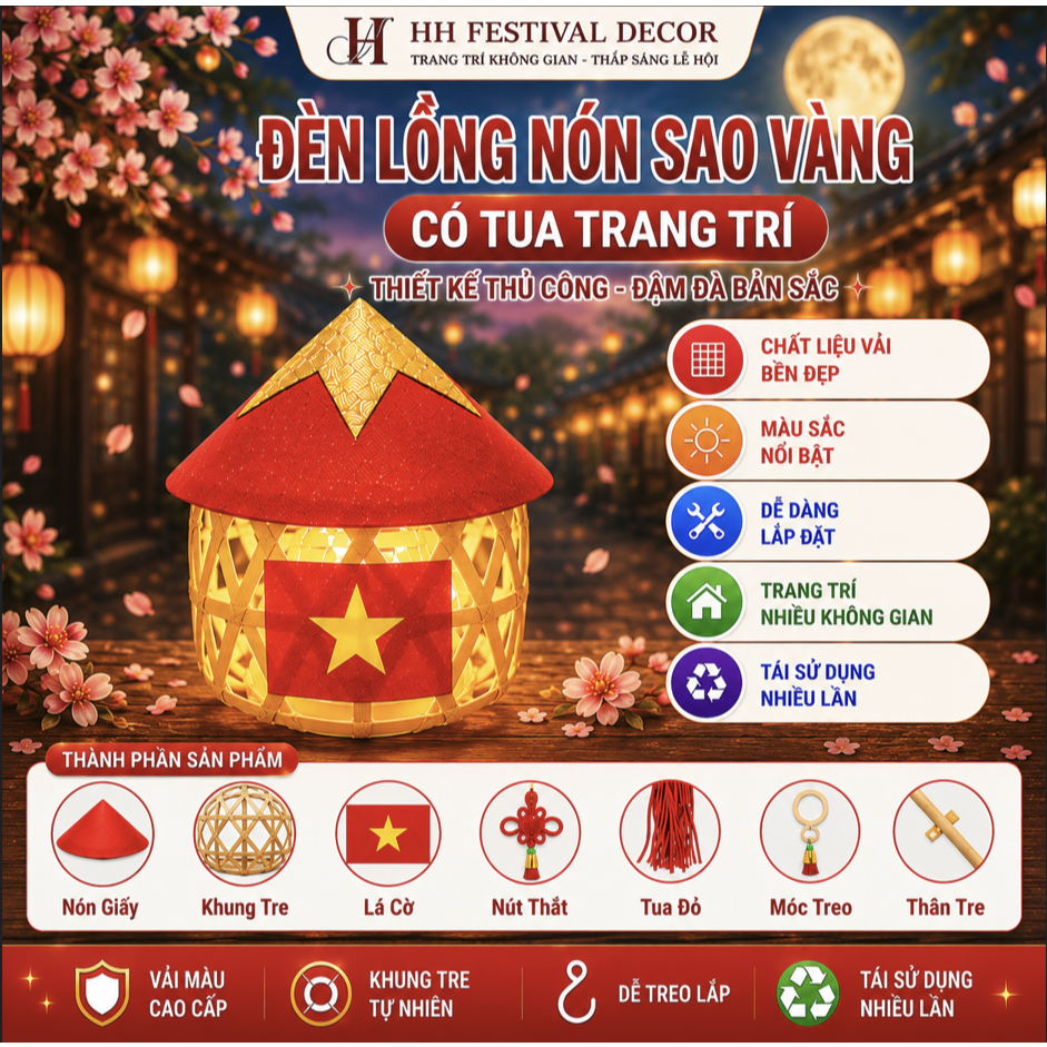 Đèn Lồng Tre Nón Sao Vàng Cầm Tay Treo Trang Trí  Trung Thu Quốc Khánh 2/9 Lễ Hội Sự Kiện Biểu Diễn