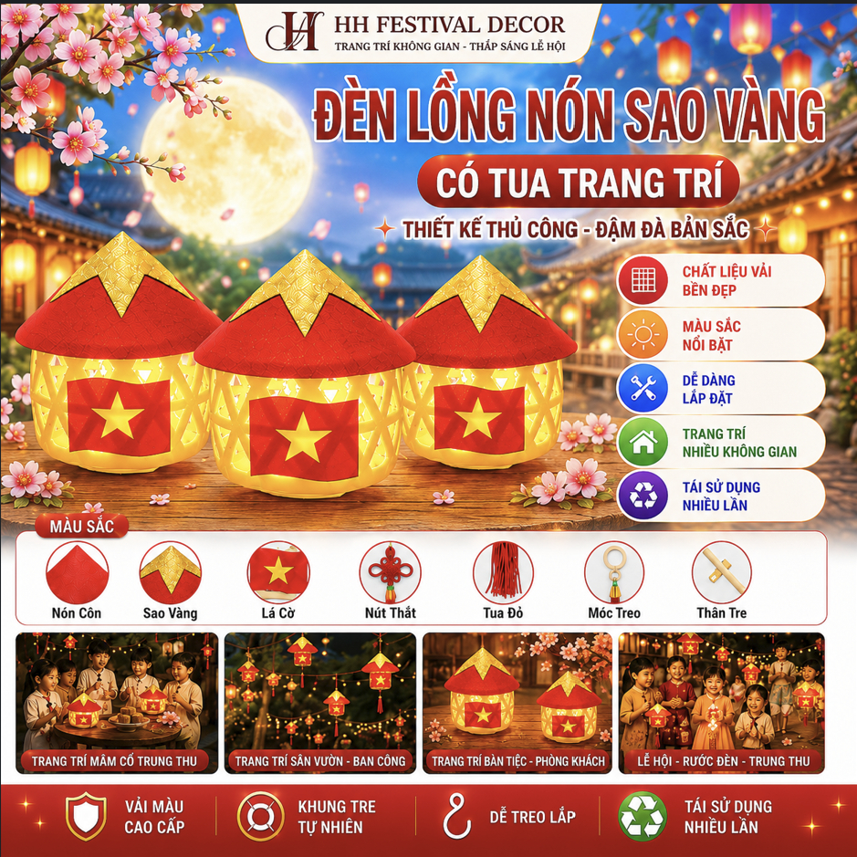 Đèn Lồng Tre Nón Sao Vàng Cầm Tay Treo Trang Trí  Trung Thu Quốc Khánh 2/9 Lễ Hội Sự Kiện Biểu Diễn