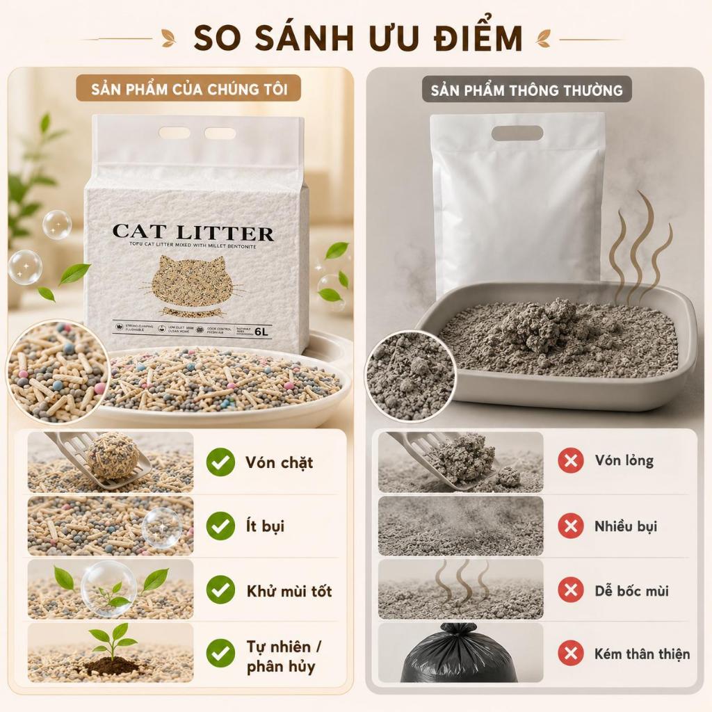 Đậu phụ trộn với cát vệ sinh cho mèo làm từ bentonite 6L Vón Cục Nhanh Không Bụi Khử Mùi Thấm Hút An Toàn